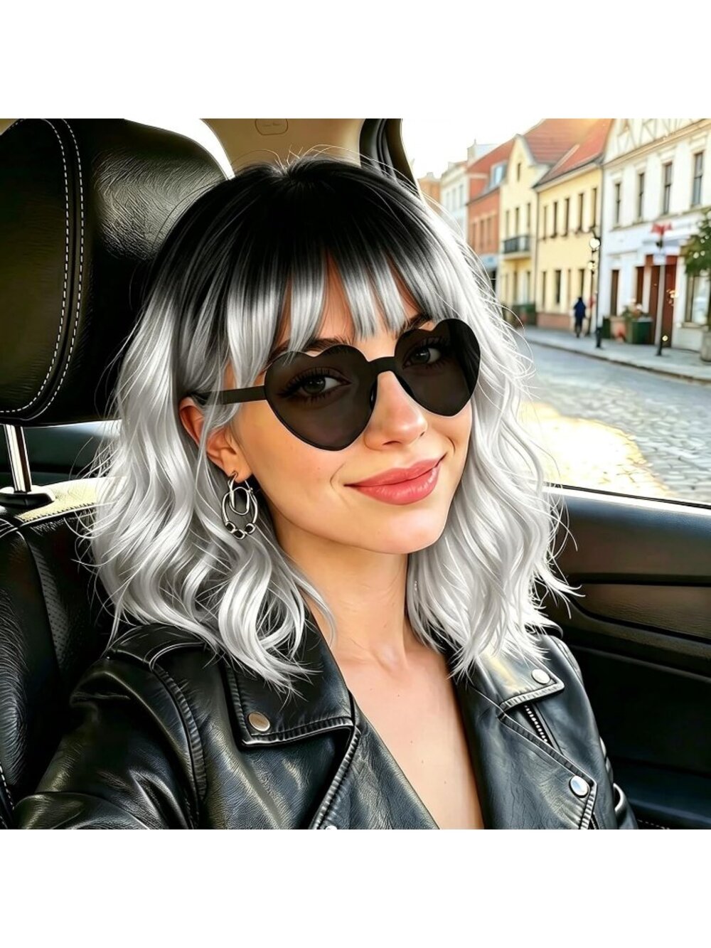 Women's Grey Curly Bob Synthetic Wigs Bangs With Neon Heart Sunglasses